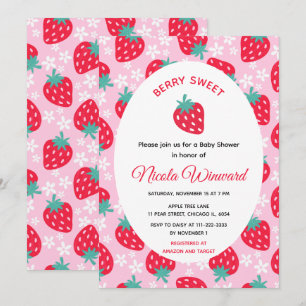 Invitation Douce Fête Rose Bébé Fille Baby Shower aux Fraises