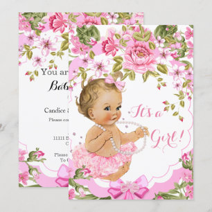 Invitation Douce Fille Fleur Rose Bébé Shower Blonde Tutu