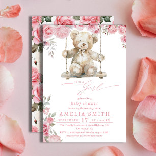 Invitation Douce Fille Ourson Aquarelle Rose Tendre Baby Show