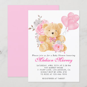 Invitation Douce Fleur Rose Ours en Peluche Baby Shower Fille
