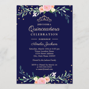Invitation Douce Florale Marine Étincelle Confettis Quinceane