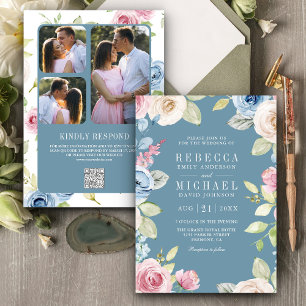 Invitation Douce Florale Printanière Bleu Poussiéreux Code QR