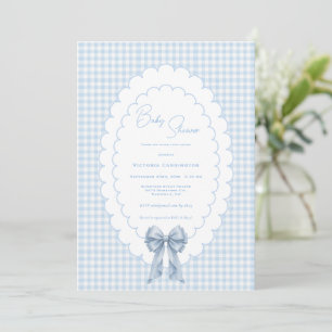 Invitation Douce Gingham Blanc Bleu Vintage Baby Shower1