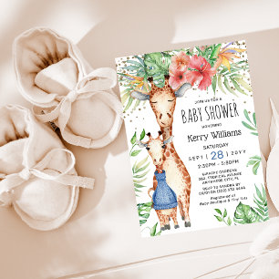 Invitation Douce Girafe & Garçon Baby Shower Tropicale avec V