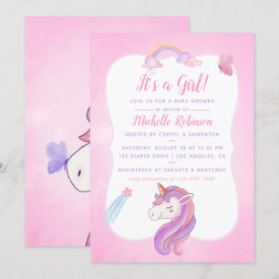 Invitation Douce Licorne Arc-en-Ciel Aquarelle Fille Bébé Sho