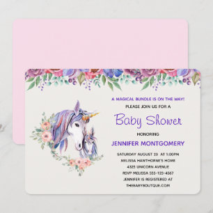 Invitation Douce Licorne Maman & Bébé Shower à l'aquarelle