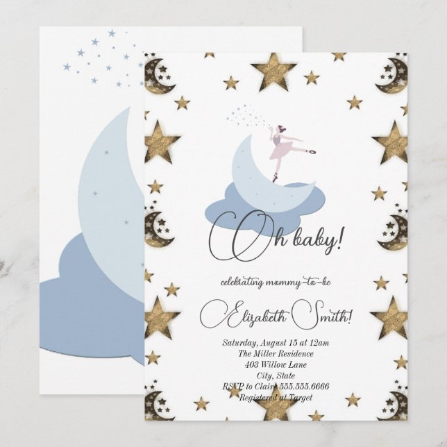 Invitation Douce lune de ballerine, baby shower (Devant / Derrière)