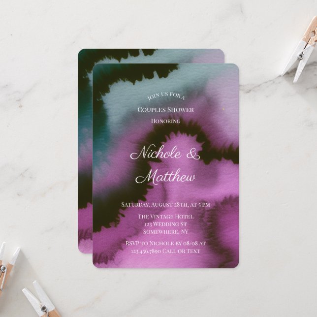 Invitation Douce Mariage Abstrait Violet & Sarcelle (Devant/Arrière en situation)