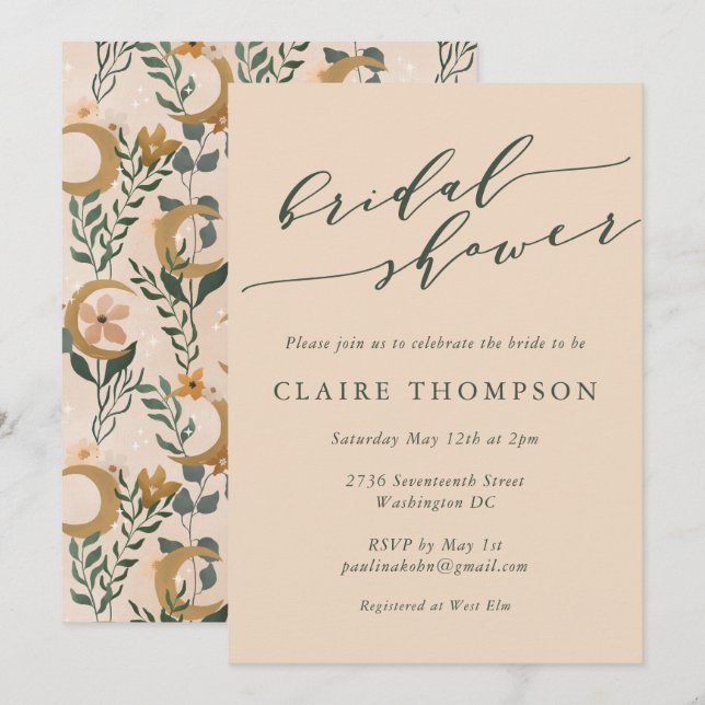 Invitation Douce Mariage Bohème Floral Lune Écriture Invitati (Devant / Derrière)