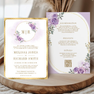 Invitation Douce Mariage Fleurie Violet Lilas Or Tout En Un