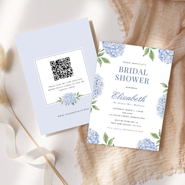 Invitation Douce Mariée Bleu Classique Hydrangea, Code QR (Créateur téléchargé)