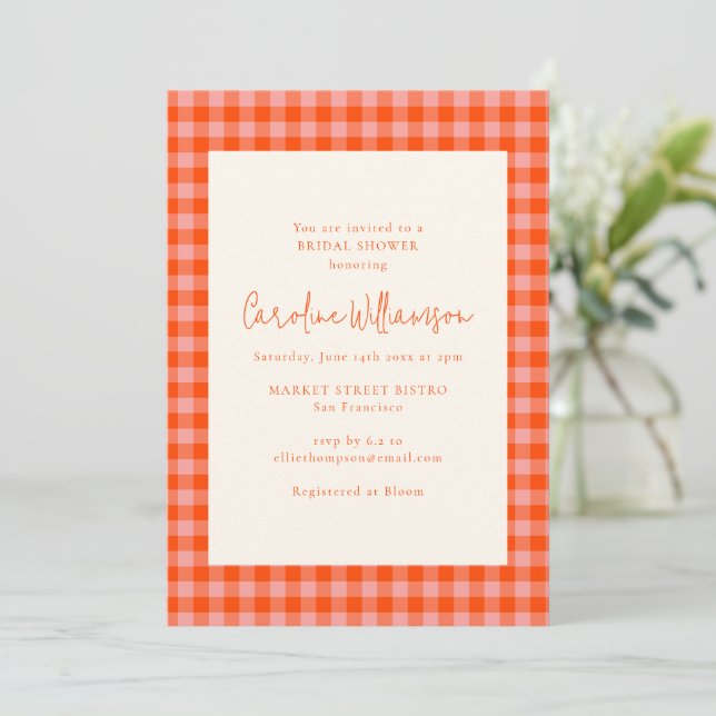 Invitation Douce Mariée Orange Rose Gingham Carreaux Shower d (Debout devant)