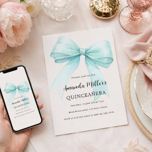 Invitation Douce menthe verte ruban crème élégant Quinceanera