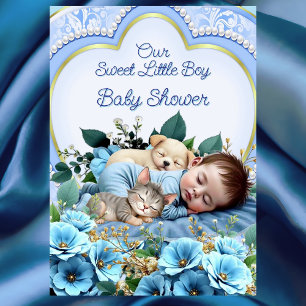 Invitation Douce Mignon Garçon Bleu Baby Shower Chiot Chat Mi