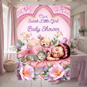 Invitation Douce Mignonne Fille Rose Bébé Naissance Chiot Cha