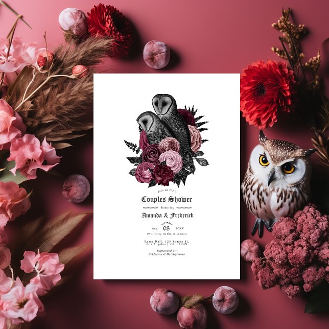 Invitation Douce Nuit de Chasse aux Hiboux Gothiques et Fleur (Gothic Owl and Floral Halloween Couples Shower Invitation)