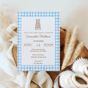 Invitation Douce Ourson Bleu Gingham Baby Shower Aquarelle