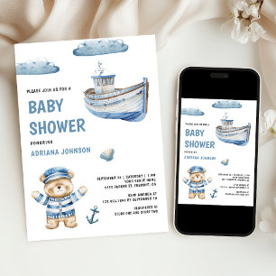 Invitation Douce Ourson Marin Bateau Baby Shower Rustique