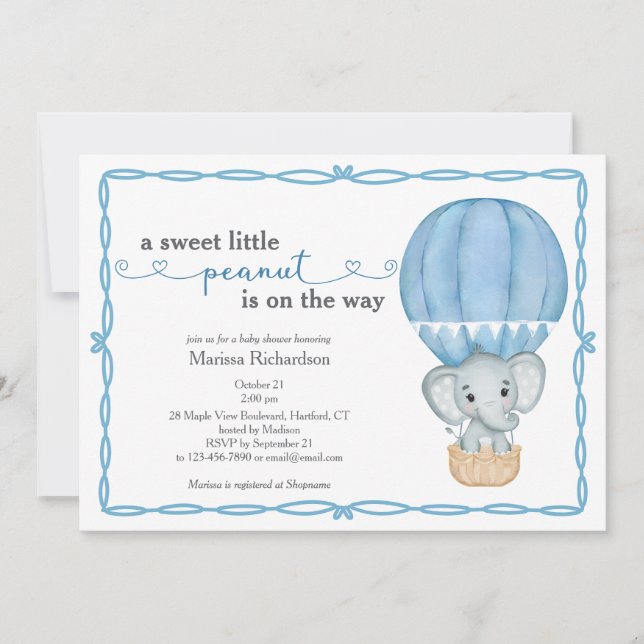 Invitation Douce Petit Arachide Elephant Baby Boy Douche (Devant)