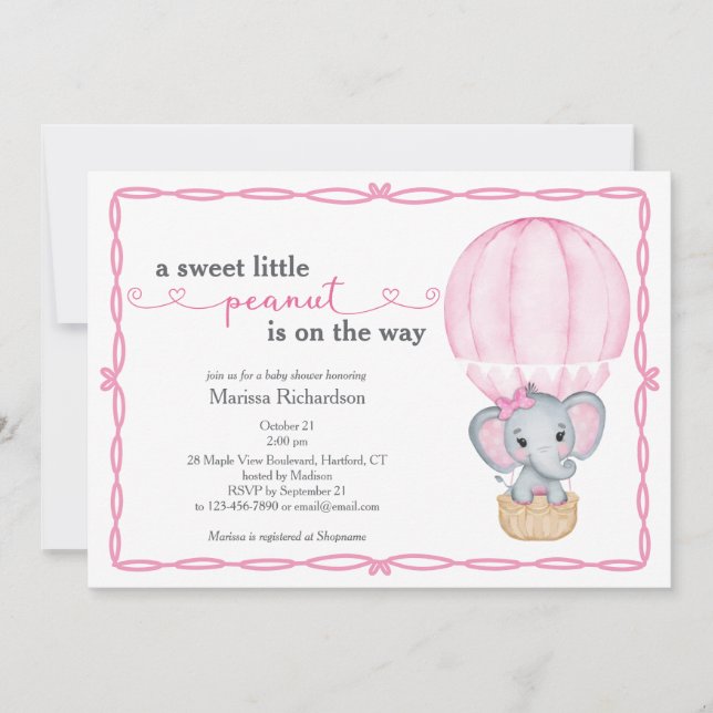 Invitation Douce Petit Arachide Elephant Bébé Fille Douche (Devant)
