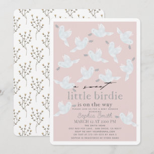 Invitation Douce Petite Fête de Bébé Fille Oiseaux Roses