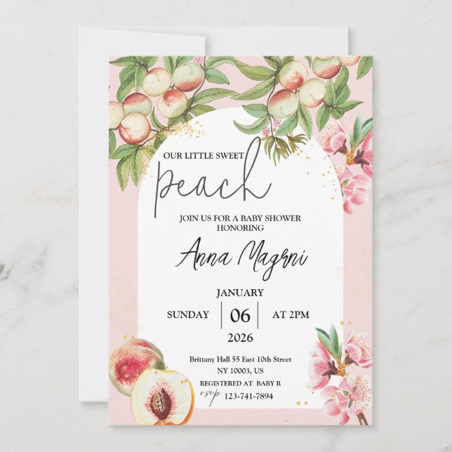 Invitation Douce Petite Pêche Filles Baby shower Arch Sprinkl (Devant)