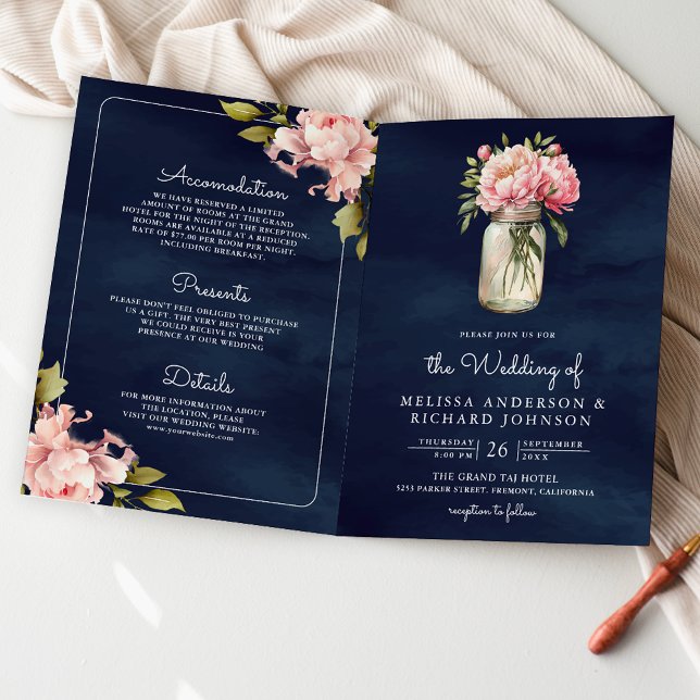 Invitation Douce Pivoine Rose Clair Pot Mason Code QR Marine  (Créateur téléchargé)