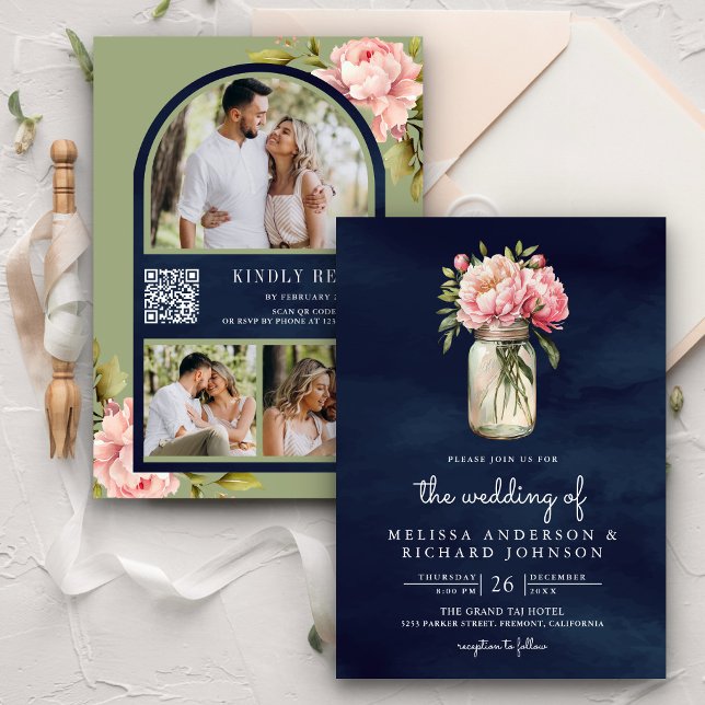 Invitation Douce Pivoine Rose Clair Pot Mason Code QR Marine  (Créateur téléchargé)