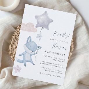 Invitation Douce Renarde Volant Ballon Bleu Garçon Baby Showe