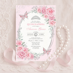 Invitation Douce Rose Argent Fleur de Quinceañera Papillon