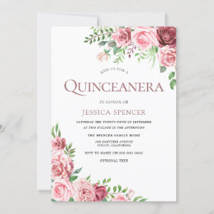 Invitation Douce rose et bordeaux Roses Quinceanera Invitatio
