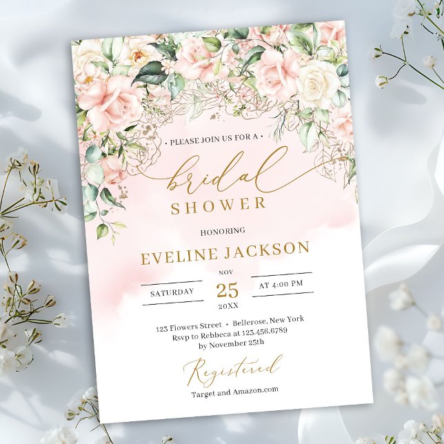Invitation Douce rose pastel rose pastel or Douche nuptiale (Boho Blush pink floral eucalyptus gold bridal shower invitation digital download)