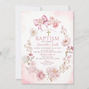 Invitation Douce Rose Poussiéreuse Fleurie Croix Fille Baptêm