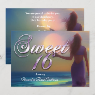 Invitation Douce Seize 16ème Fille Violette sur la Plage Océa