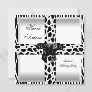 Invitation Douce Seize Seizième Zèbre Girafe Noir Blanc