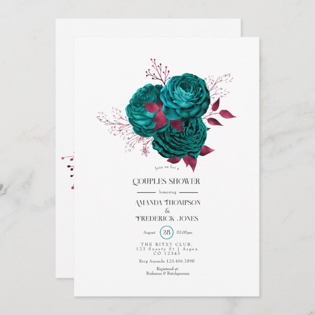 Invitation Douce soirée de mariage turquoise et burgundy flor (Devant / Derrière)