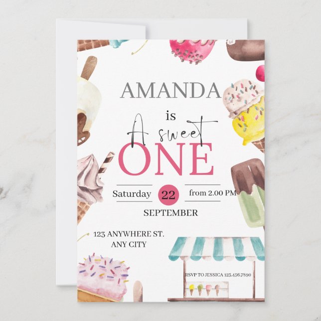 Invitation Douce une mignonne aquarelle 1er anniversaire (Devant)