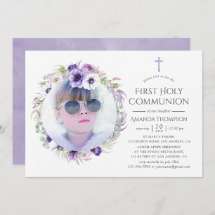 Invitation Douce Violet Floral Première Sainte Communion