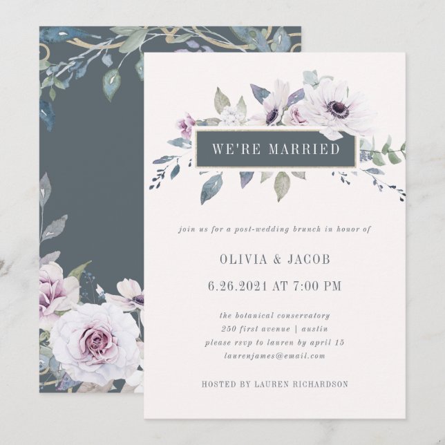 Invitation Douce Violette Floral Blush et Gris | Nous sommes  (Devant / Derrière)