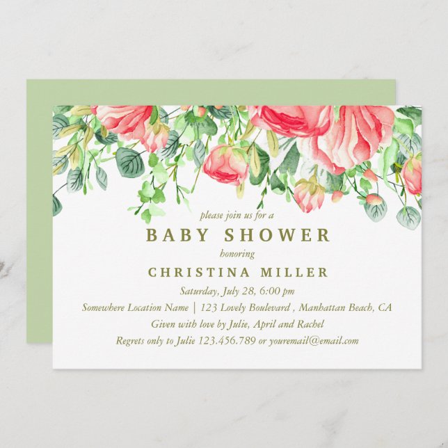 Invitation Doucement romantique | Baby shower des fleurs d'aq (Devant / Derrière)