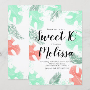 Invitation Douces feuilles de Monstera Corail Menthe aquarell