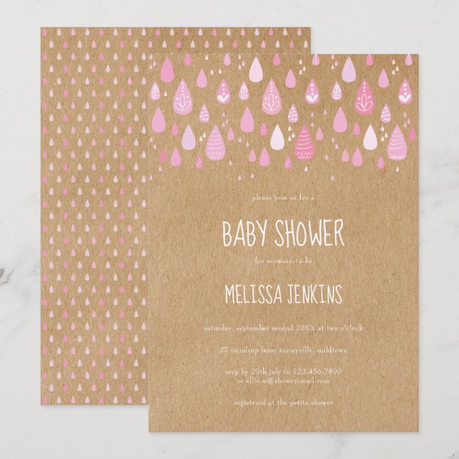 Invitation Douces gouttes de pluie roses pour Baby Shower / S (Devant / Derrière)