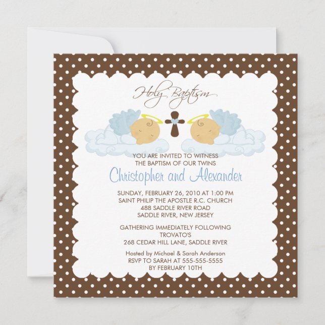 Invitation Douces jumeaux bébé Garçon Baptême de sainteté s'i (Devant)