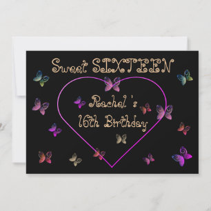 Invitation Douces Papillons Cœur Rose Sweet 16 Anniversaire