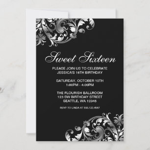 Invitation Douceur à fleurs d'argent et de noir 16 ans