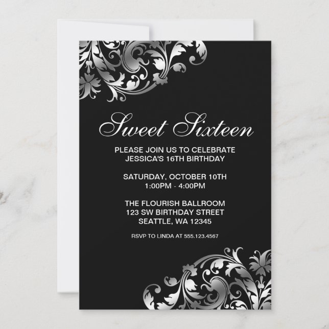Invitation Douceur à fleurs d'argent et de noir 16 ans (Devant)