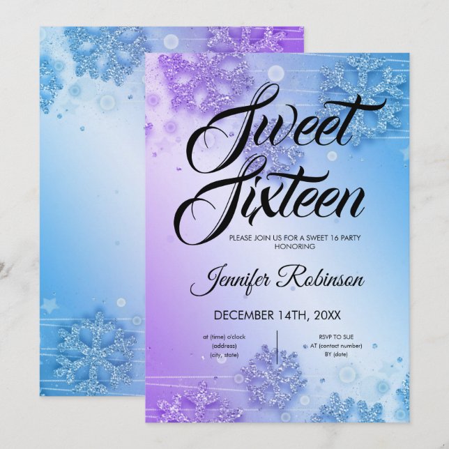 Invitation Douceur d'hiver Turquoise et violette 16 Parties s (Devant / Derrière)