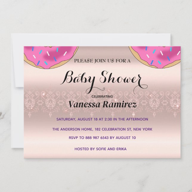 Invitation Douceurs beignets, cadeau de bébé rose gold (Devant)