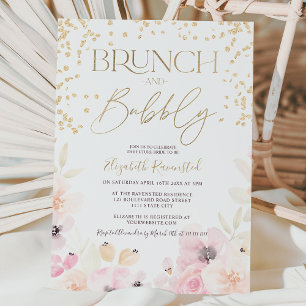 Invitation Douche à bulle or floral aquarelle brunch bubbly