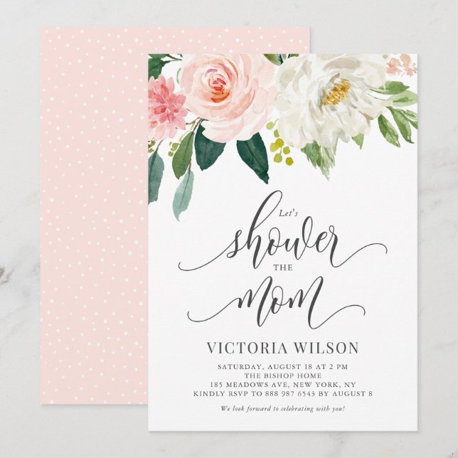 Invitation Douche à la maman Baby shower floral rose pâle (Devant / Derrière)